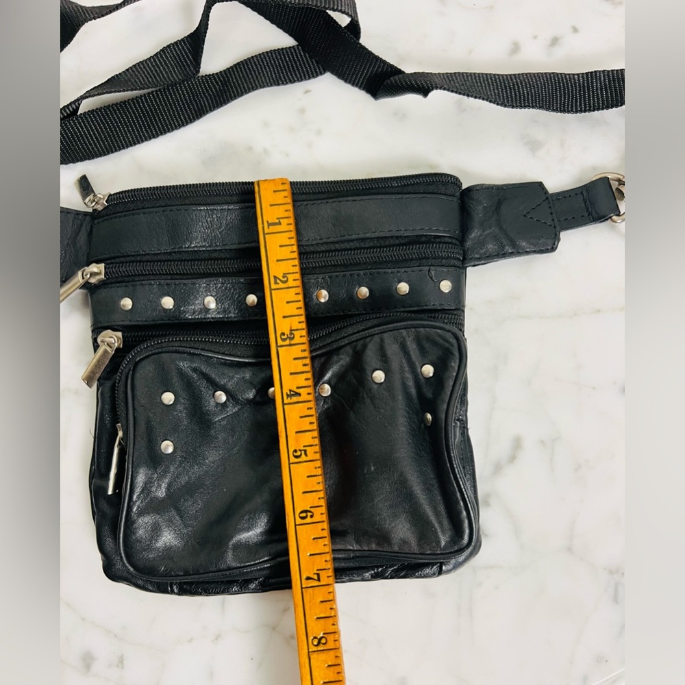 Black Leather Fanny Pack / Motorcycle Waist Bag with Studs - Picture 10 of 13